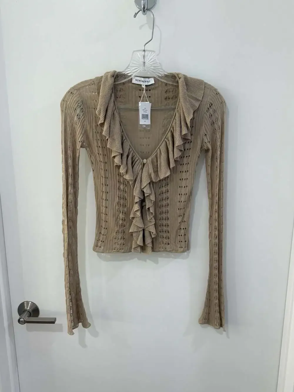 WeWoreWhat Ruffle Detail Knit Long Sleeve Cardigan in Safari